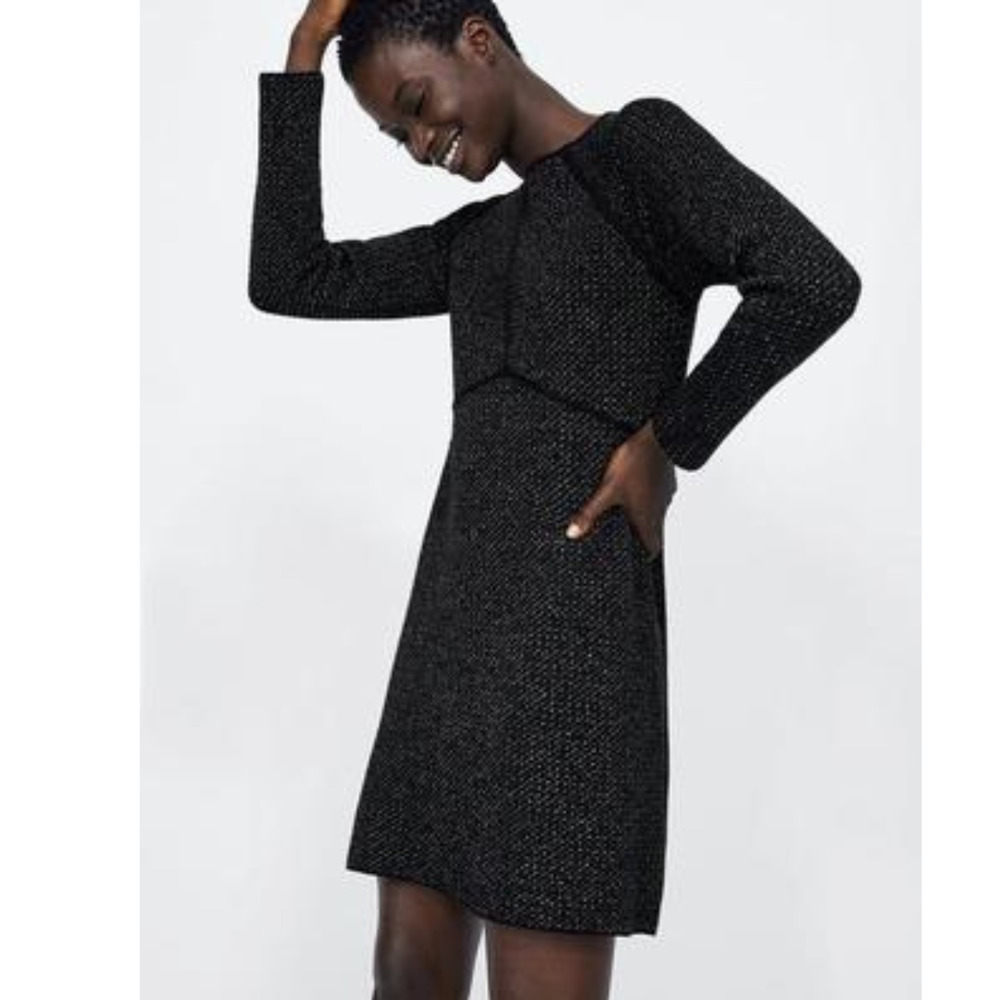 Zara Black Metallic Silver Knit Tweed Long Sleeved Dress Sz S